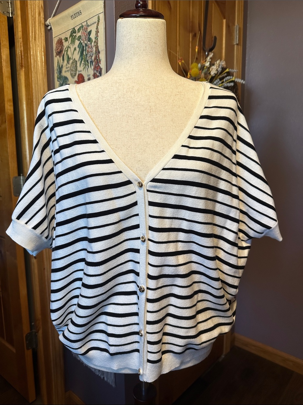 Nine West Black & White Striped Short Sleeve Lightweight Dolman Cardigan